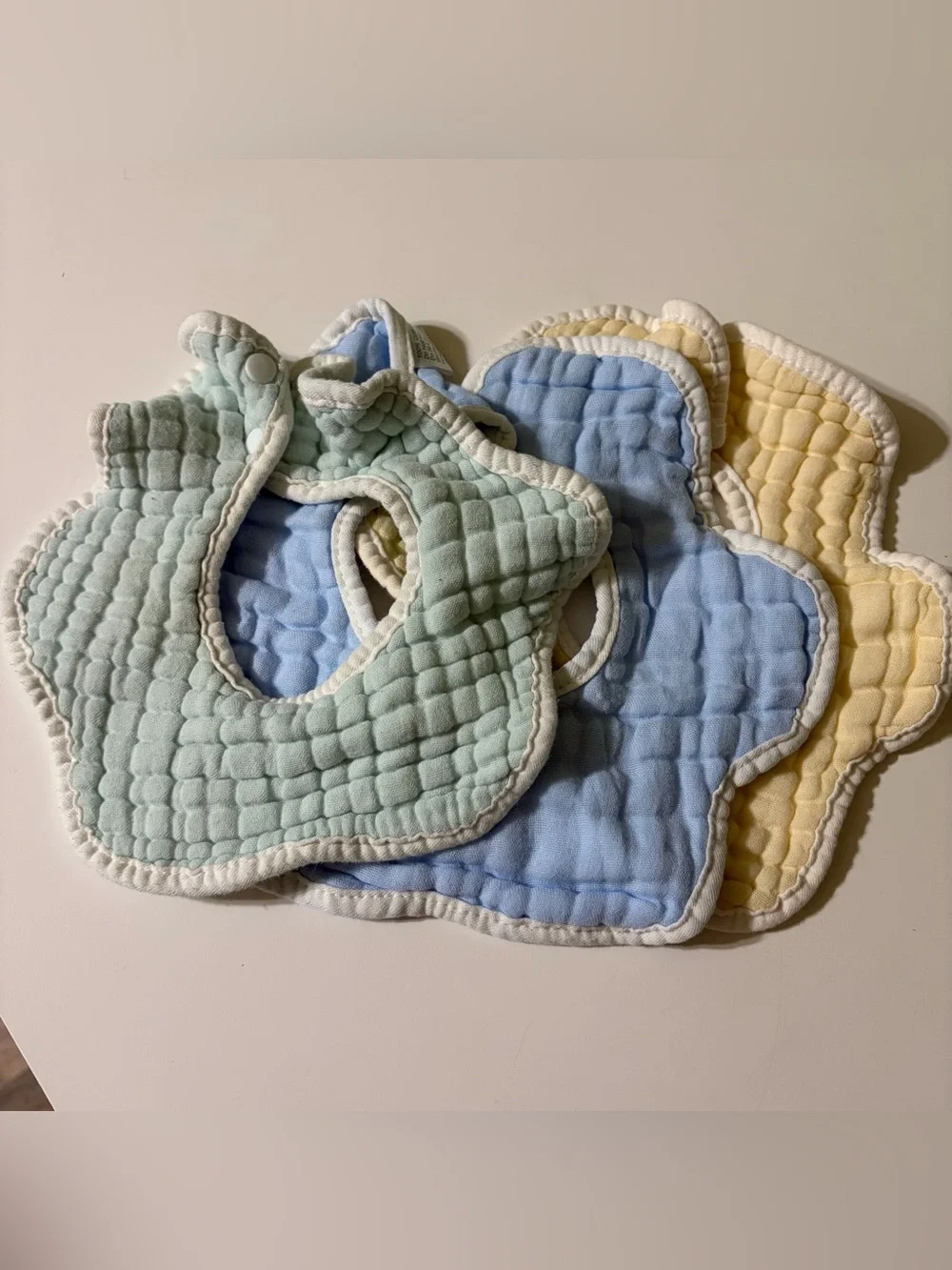 Soft Quilted Baby Bibs - Pastel Green, Blue & Yellow set of 3